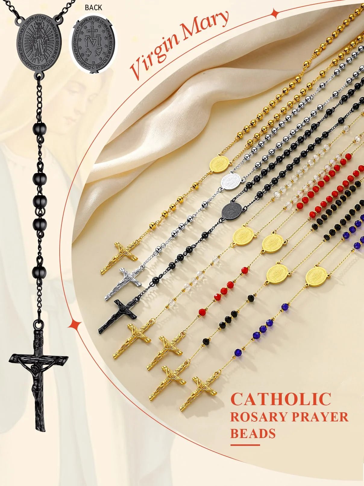 Unisex Black Rosary Necklace โ Virgin Mary & Jesus Crucifix Pendant - Bela Fils BoutiqueBela Fils Boutique